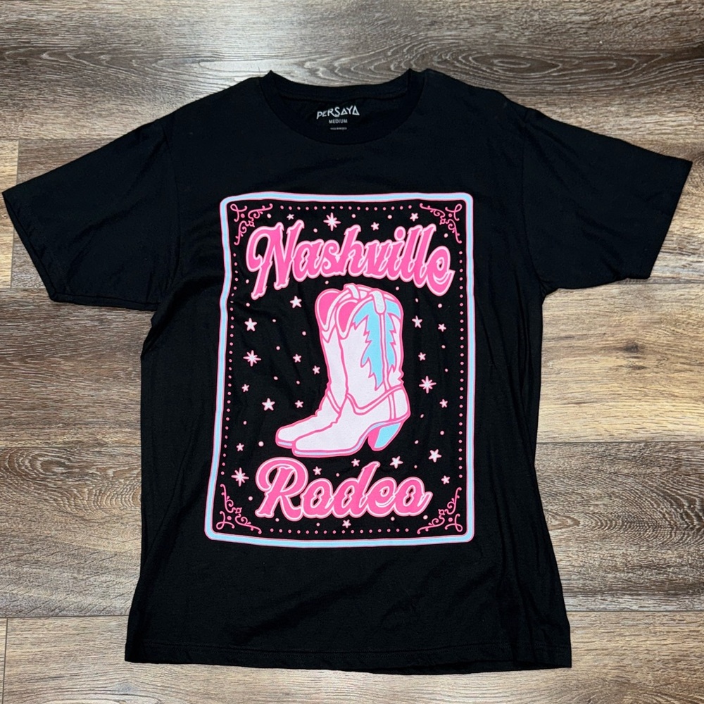 Persaya Nashville Rodeo Black & Pink Short Sleeve Shirt Size Medium 🐴LIKE NEW💕